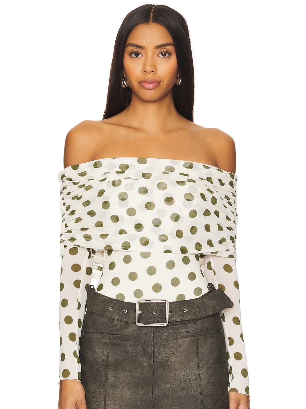XS Off-Shoulder Olive Polka Dot Long-Sleeve Top